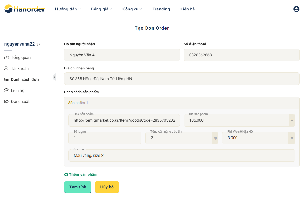 Tạo đơn tại HanOrder.vn