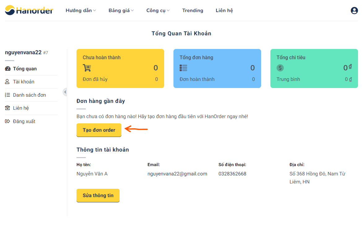 Tổng quan tài khoản tại HanOrder.vn